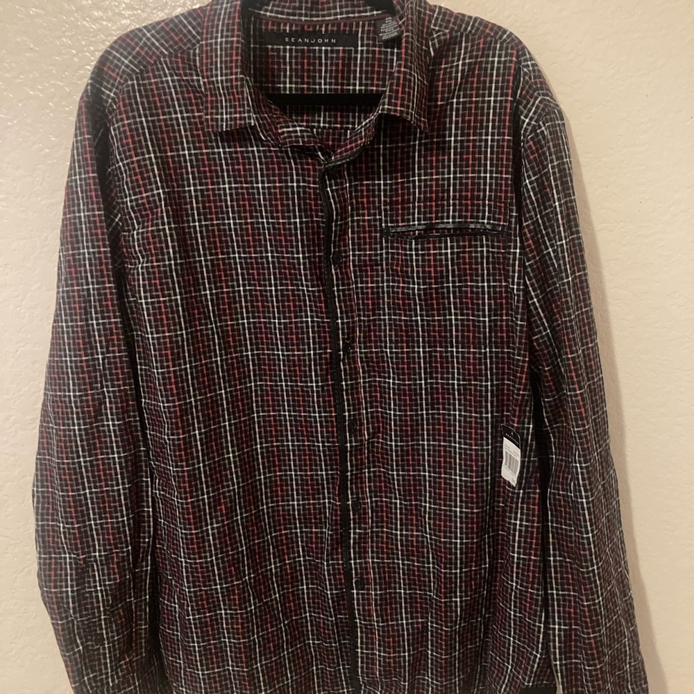 Sean John Red and Black Plaid Casual Button Down Shirt